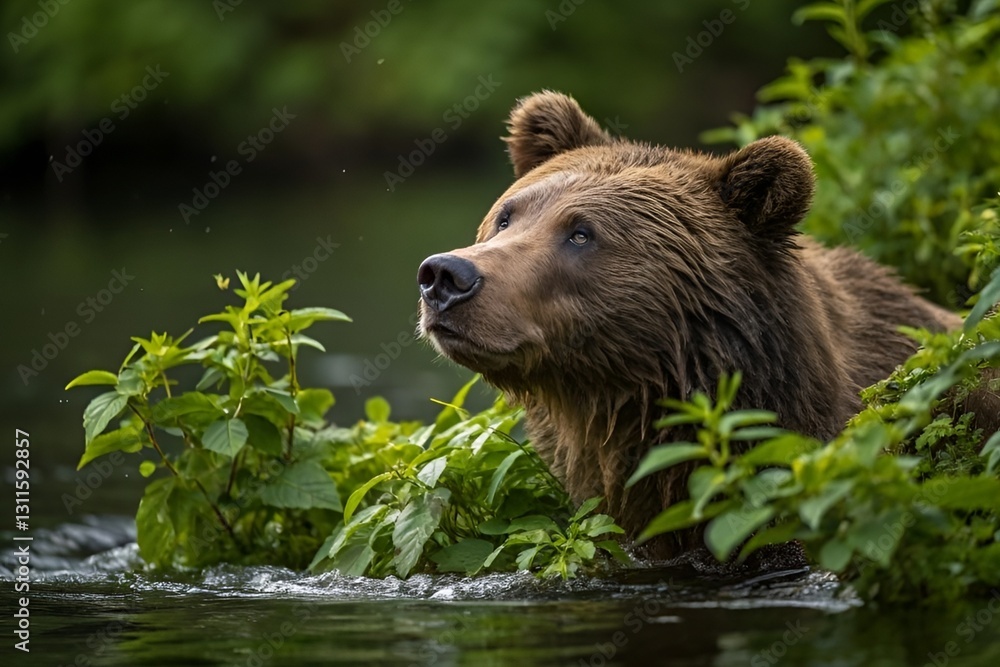 Obraz premium Majestic Brown Bear Emerging from Water in Lush Green Wilderness