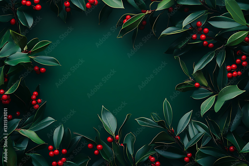 Festive decoration with red berries and green leaves studio setting nature flat lay view autumn concept Festive decoration with red berries and green leaves studio setting nature flat lay view autumn concept