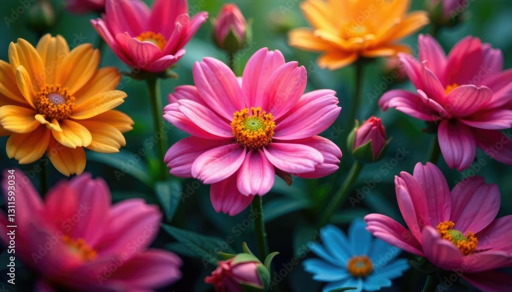 Vines of colorful flowers surround a central bloom, garden, abstract, petals Vines of colorful flowers surround a central bloom, garden, abstract, petals