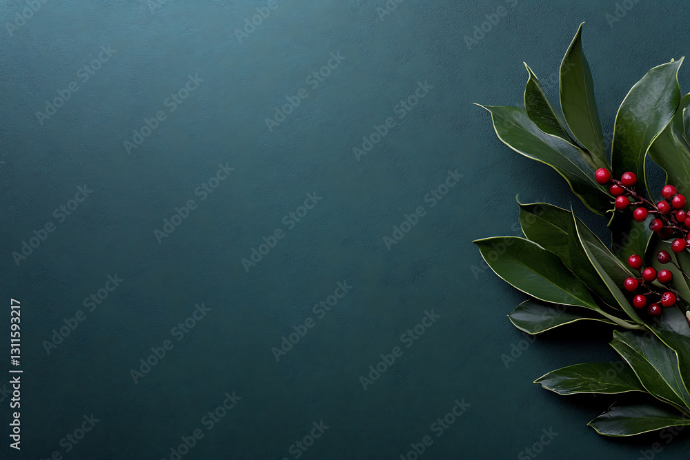 Decorative green leaves with red berries on dark background nature still life studio close-up seasonal decor Decorative green leaves with red berries on dark background nature still life studio close-up seasonal decor