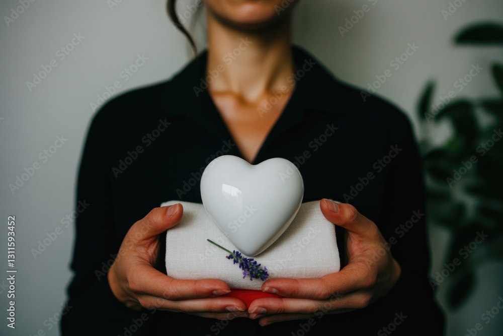 Hands gently hold white heart-shaped object atop gift box, symbo Hands gently hold white heart-shaped object atop gift box, symbo