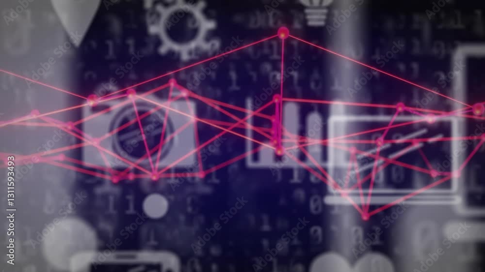 Digital network connections and data processing animation over technology icons Digital network connections and data processing animation over technology icons