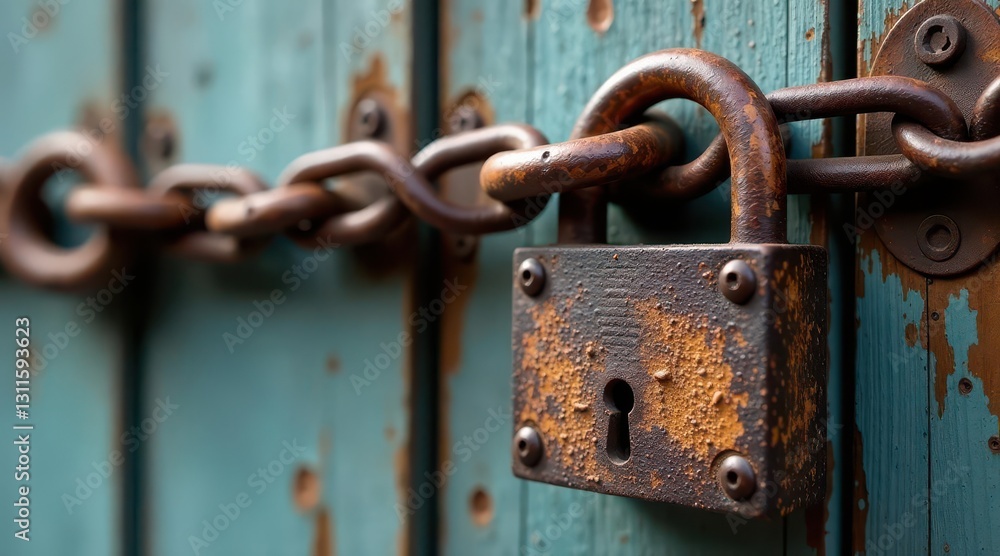 Rusty padlock secured with a weathered chain on a teal wooden door, a symbol of protection and aged security Rusty padlock secured with a weathered chain on a teal wooden door, a symbol of protection and aged security
