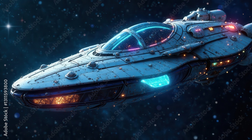 A Futuristic Spaceship Soars Through the Cosmic Void, Its Gleaming Hull Reflecting Distant Stars and Nebulae A Futuristic Spaceship Soars Through the Cosmic Void, Its Gleaming Hull Reflecting Distant Stars and Nebulae