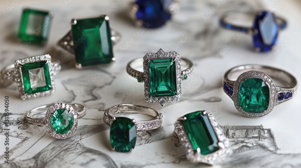 A set of emerald and sapphire rings placed on a concept sheet. A set of emerald and sapphire rings placed on a concept sheet.
