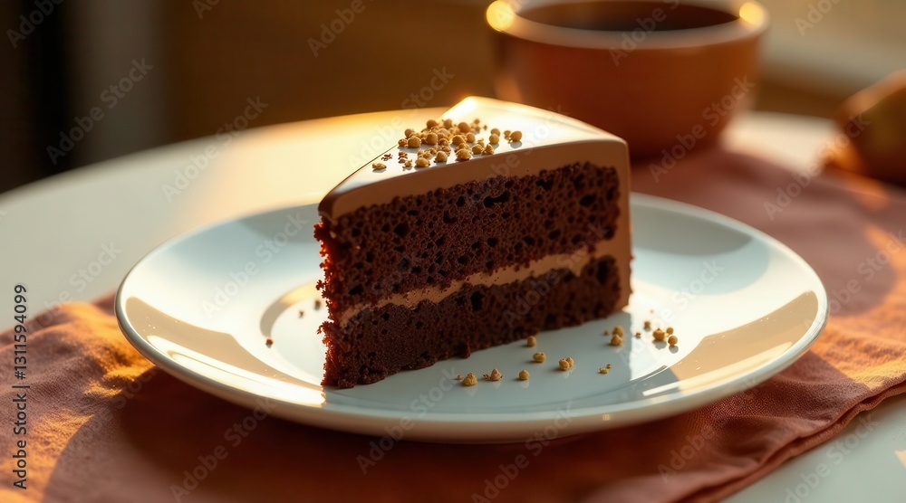 A decadent slice of chocolate layer cake, adorned with a delicate sprinkle of crunchy granules, rests on a pristine white plate, bathed in the warm glow of afternoon sunlight. A decadent slice of chocolate layer cake, adorned with a delicate sprinkle of crunchy granules, rests on a pristine white plate, bathed in the warm glow of afternoon sunlight.
