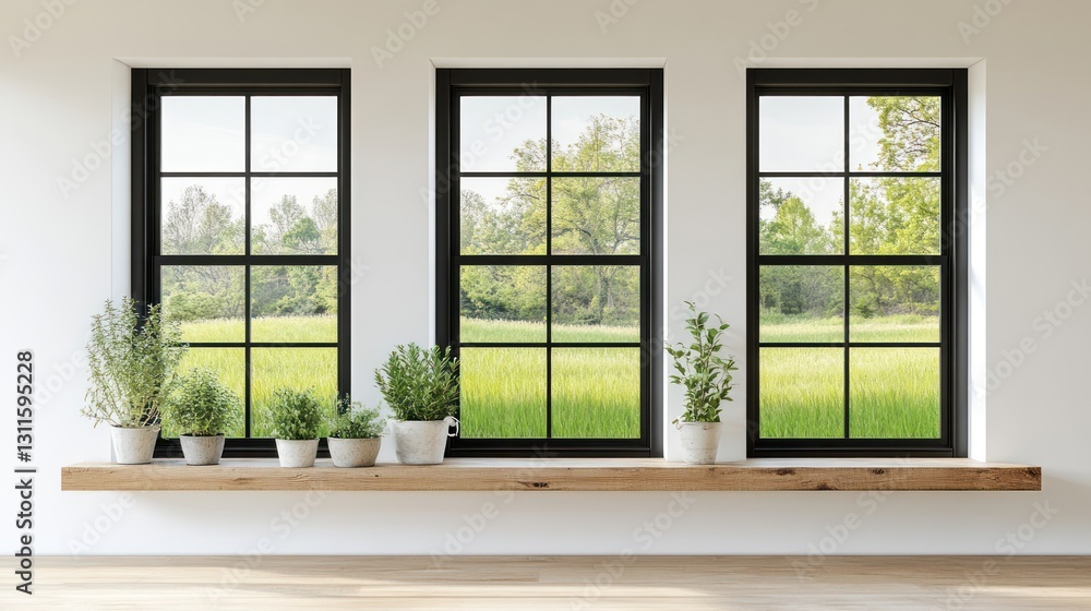 Fototapeta premium Modern farmhouse style windows with plants on a shelf