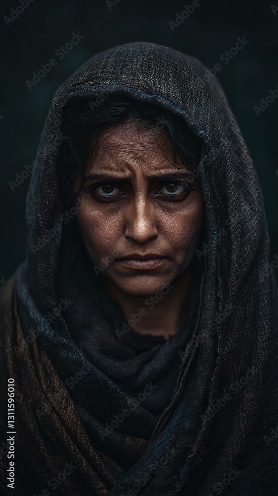 A close-up portrait of a woman with an intense expression, wearing a dark, textured scarf. The lighting highlights her features dramatically. A close-up portrait of a woman with an intense expression, wearing a dark, textured scarf. The lighting highlights her features dramatically.