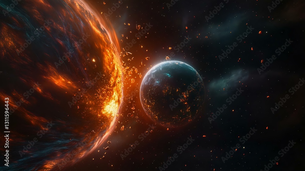 Obraz premium A stunning depiction of a fiery planet and a smaller blue planet floating in space, showcasing cosmic beauty and intense color contrast.