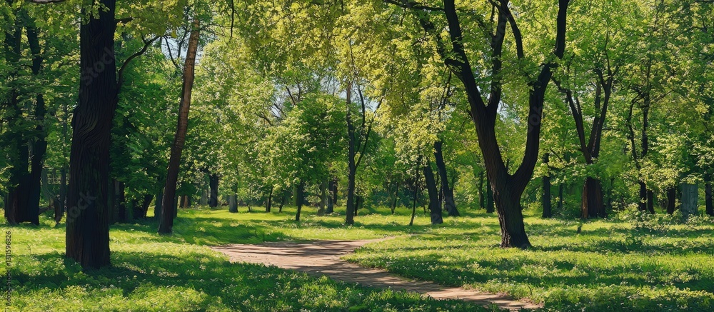 Lush green park scene featuring vibrant foliage on trees under bright sunlight with a winding dirt path through the tranquil forest landscape Lush green park scene featuring vibrant foliage on trees under bright sunlight with a winding dirt path through the tranquil forest landscape