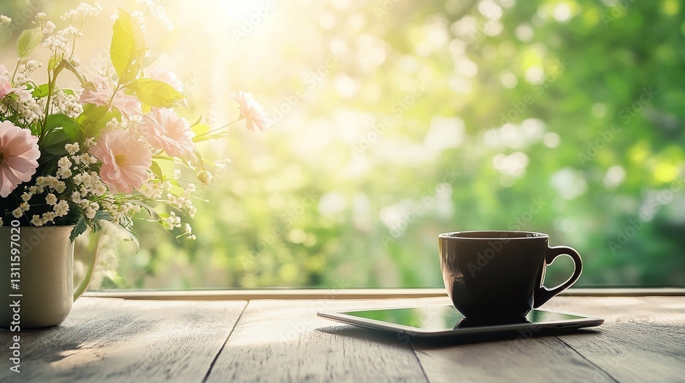 coffee cup and tablet on the table, with flowers in front of an open window. Sunlight shines through the trees outside, warm atmosphere. nature vacation time or a happy Mother's Day background coffee cup and tablet on the table, with flowers in front of an open window. Sunlight shines through the trees outside, warm atmosphere. nature vacation time or a happy Mother's Day background