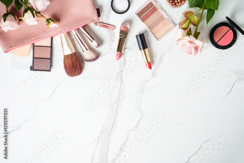 Obraz na płótnie Cosmetic bag with Make up products at white background with rose flowers. w salonie