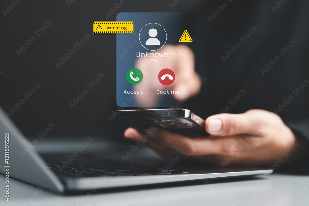 Fototapeta premium Scam or spam alert calls, woman receiving unknown caller notification with a Warning Messages to Prevent Scams, Fraud, and Identity Theft on smartphone, Mobile Security Against Cybercrime.