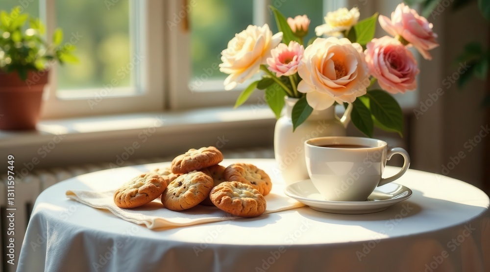 A tranquil morning scene featuring a cup of coffee, freshly baked cookies, and a vase of delicate roses, bathed in sunlight by a window. A tranquil morning scene featuring a cup of coffee, freshly baked cookies, and a vase of delicate roses, bathed in sunlight by a window.