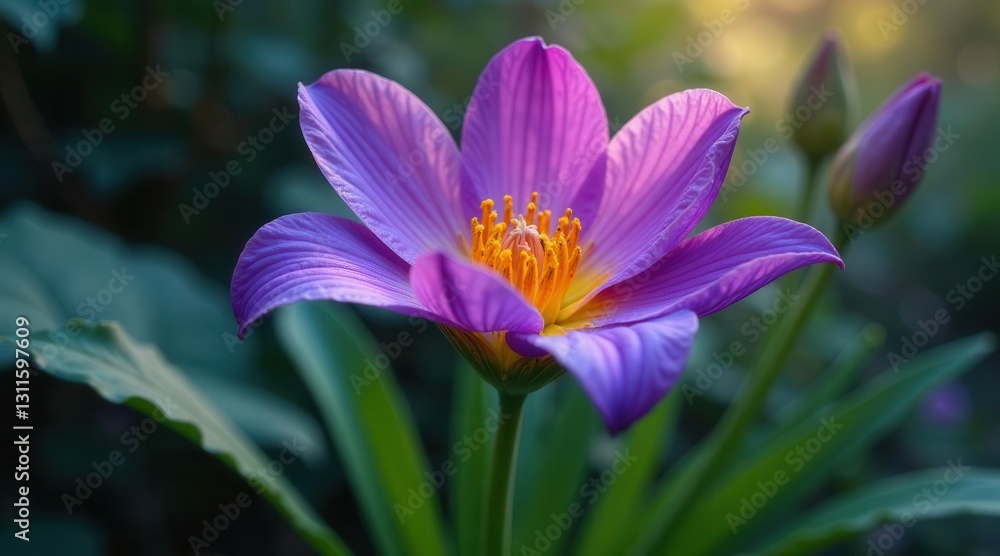 A Vibrant Purple Flower in Full Bloom, Showcasing Delicate Petals and a Vivid Yellow Center, Surrounded by Lush Green Foliage, Capturing the Essence of Natural Beauty A Vibrant Purple Flower in Full Bloom, Showcasing Delicate Petals and a Vivid Yellow Center, Surrounded by Lush Green Foliage, Capturing the Essence of Natural Beauty