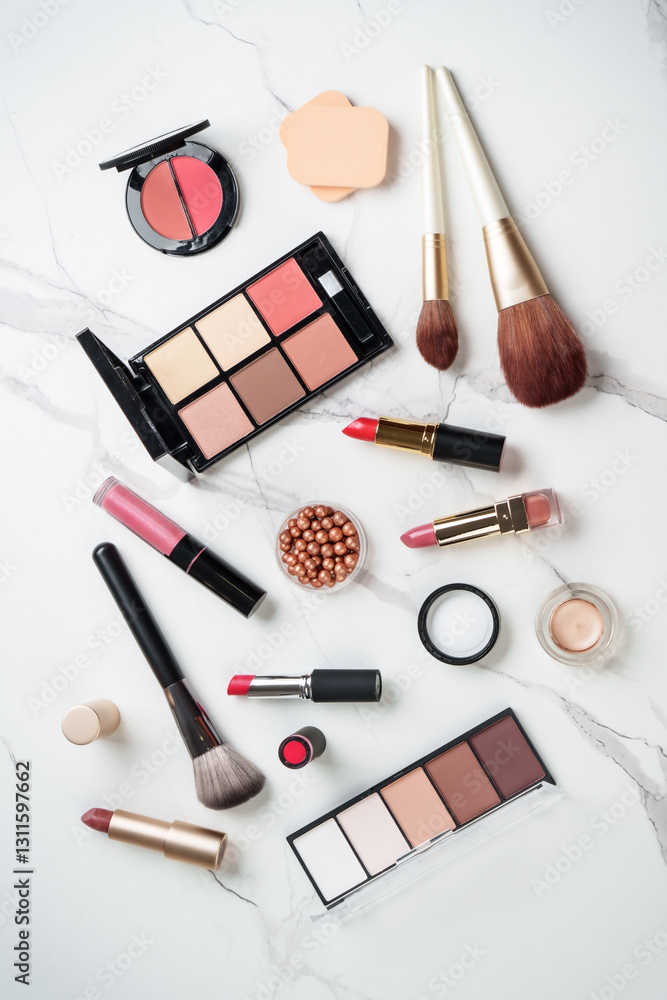 Make up products at white marble background.