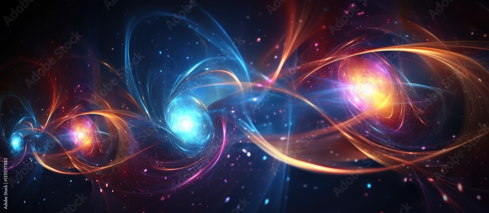 Naklejka premium Vibrant cosmic energy waves in blue orange and purple hues swirl around a central point representing a nucleus in a mesmerizing spacetime backdrop