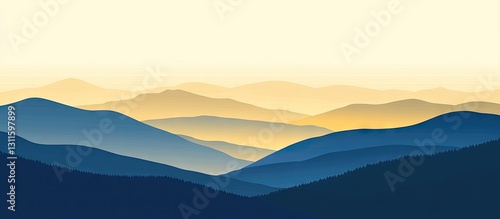 Serene gradient landscape with soft blue and golden hues showcasing layered mountain silhouettes fading into the horizon under a light sky.