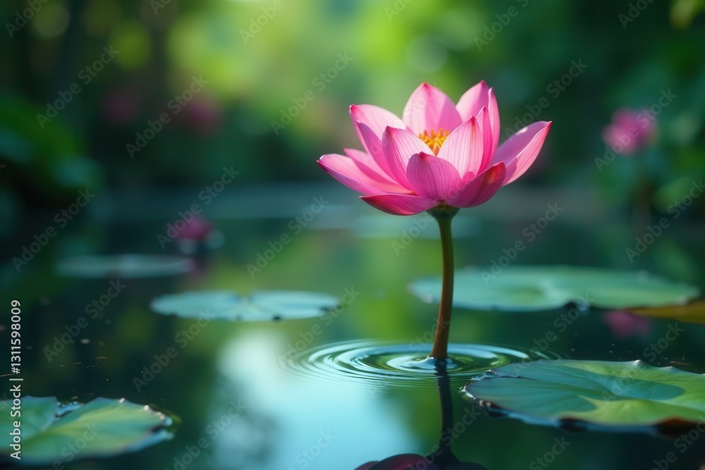 A Serene Pink Lotus Blossom Gently Floating on Calm Water, Surrounded by Lush Greenery and Reflecting in the Still Surface A Serene Pink Lotus Blossom Gently Floating on Calm Water, Surrounded by Lush Greenery and Reflecting in the Still Surface