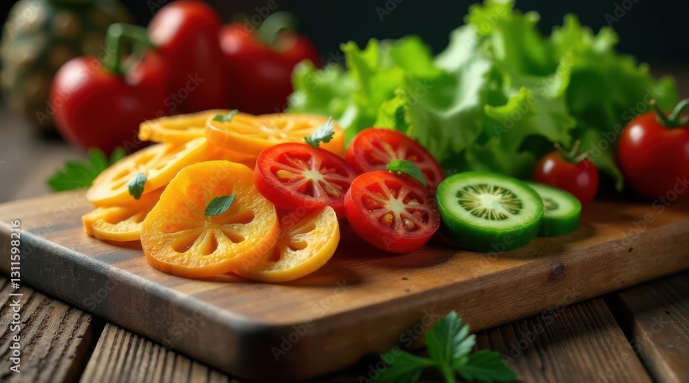 Vibrant Slices of Yellow and Red Vegetables Arranged on a Wooden Cutting Board with Fresh Green Lettuce Vibrant Slices of Yellow and Red Vegetables Arranged on a Wooden Cutting Board with Fresh Green Lettuce