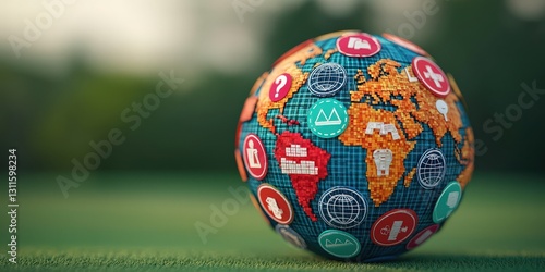 law restriction policy concept. A globe decorated with logos on a grassy surface. photo