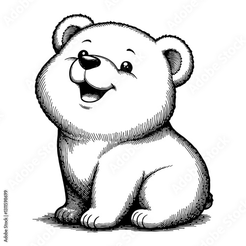 Cute Cartoon Bear Cub Sitting Upright Detailed Illustration Black and White Outline Line Art Drawing