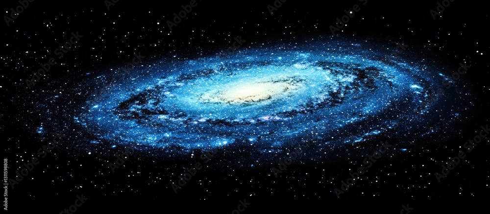 Obraz premium Vibrant blue spiral galaxy with a bright center, stars scattered throughout the dark background, showcasing the beauty of the cosmos.