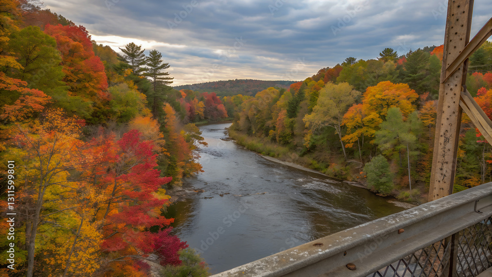 Obraz premium Autumn River View with Steel Bridge