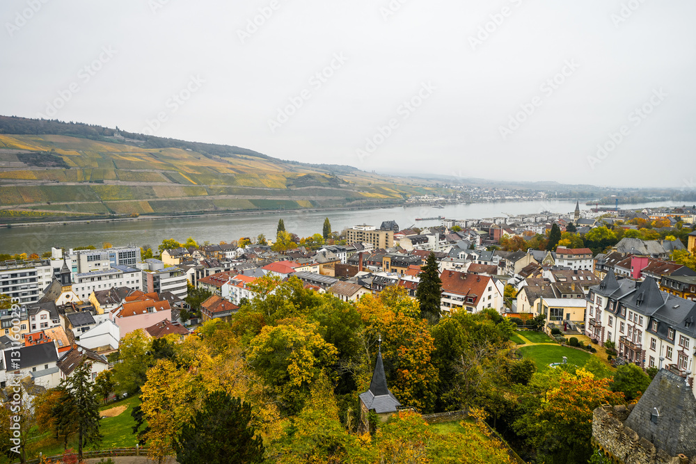 Fototapeta premium View of Bingen am Rhein and the surrounding landscape. Settlement in Rhineland-Palatinate 