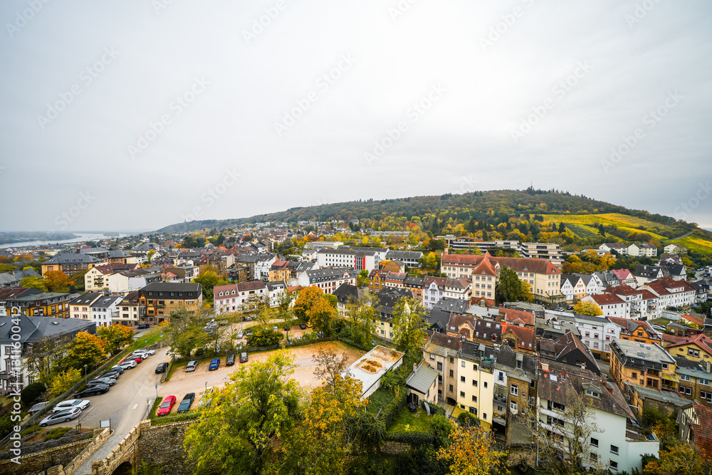 Fototapeta premium View of Bingen am Rhein and the surrounding landscape. Settlement in Rhineland-Palatinate