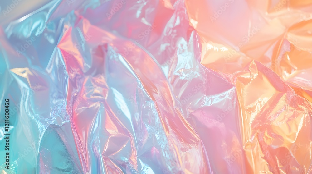 Fototapeta premium Iridescent crumpled plastic material catches pastel colored light beautifully