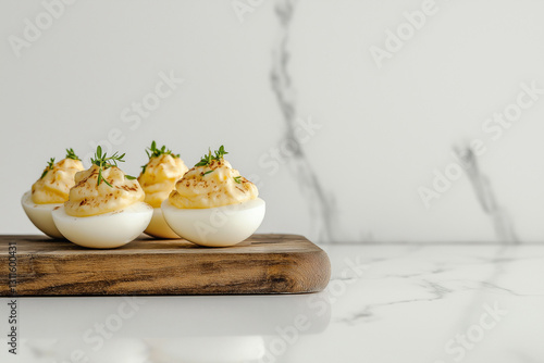 Deviled eggs on a wooden board, against a white marble background