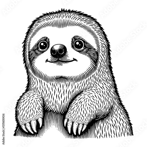 Cute Cartoon Sloth Smiling Face Front View Detailed Black and White Outline Line Art Drawing 