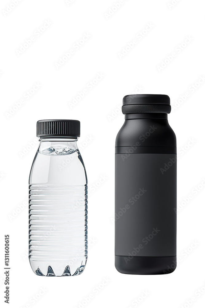 Two stylish water bottles, one clear and one matte black. Two stylish water bottles, one clear and one matte black.