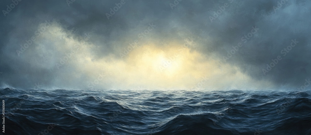 Fototapeta premium Dramatic seascape with dark gray and blue waves under an overcast sky golden rays breaking through clouds creating a turbulent ambiance