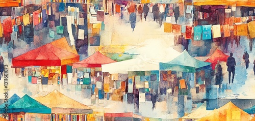 Vibrant watercolor painting of a bustling marketplace, filled with colorful tents, shoppers, and a lively atmosphere.