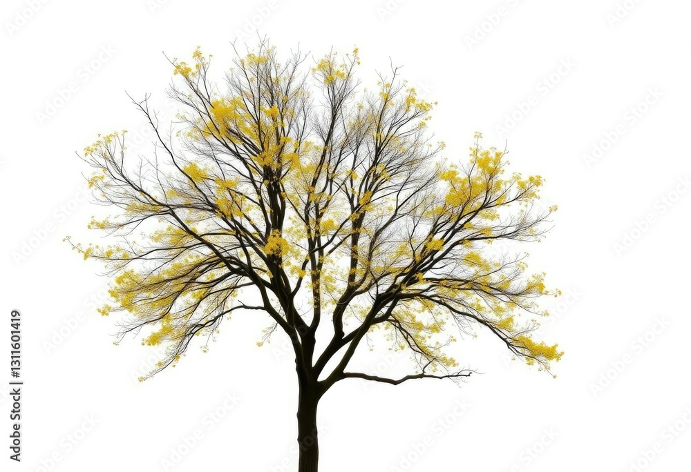 Fototapeta premium A lone deciduous tree stands against a stark white backdrop, branches reaching skyward, image, summer