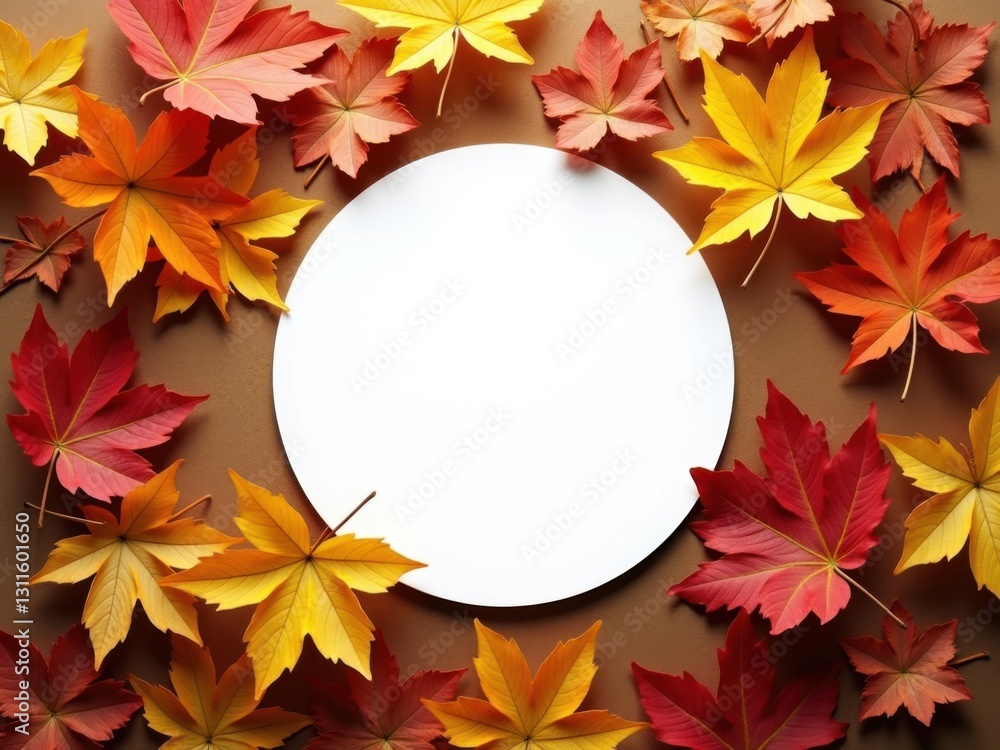 Maqueta con un marcador de posición circular blanco para un diseño, rodeado de vibrantes hojas de otoño en tonos cálidos Maqueta con un marcador de posición circular blanco para un diseño, rodeado de vibrantes hojas de otoño en tonos cálidos