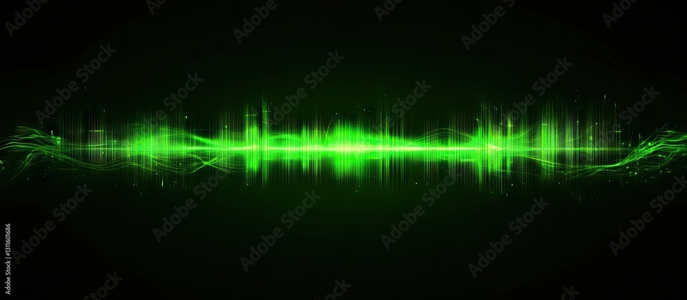 Fototapeta premium Green laser beams create dynamic wave patterns on a black background, evoking a sense of vibrant energy and musical rhythm, illuminated in bright emerald hues.