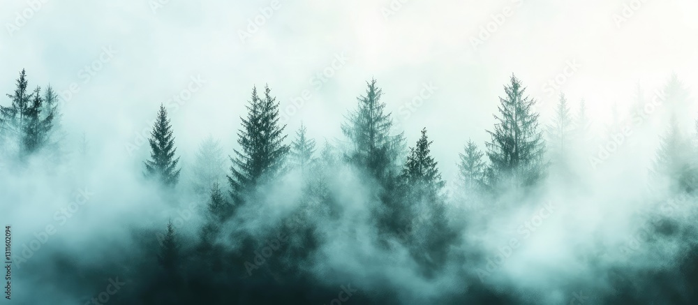 Obraz premium Misty forest scene showcasing tall spruce trees silhouetted against soft sunlight filtering through a dense fog in shades of green and gray.