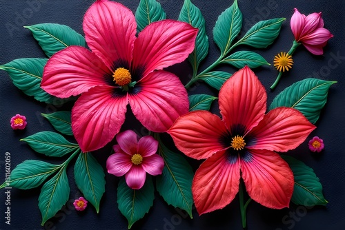 Wallpaper Mural Vibrant Pink and Red Paper Flowers Arrangement on Dark Background Torontodigital.ca