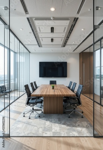 Sala de conferencias de oficina con paredes de vidrio, mesa de reuniones grande y una pantalla inteligente para presentaciones
