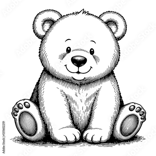 Cute Chibi Cartoon Bear Cub Sitting Down Front View with Smile Black and White Outline Line Art Drawing