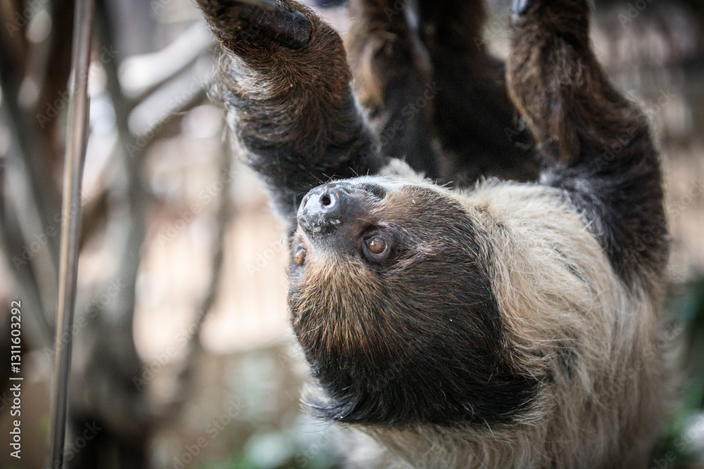 Obraz premium Upside-Down Sloth Hanging from a Branch