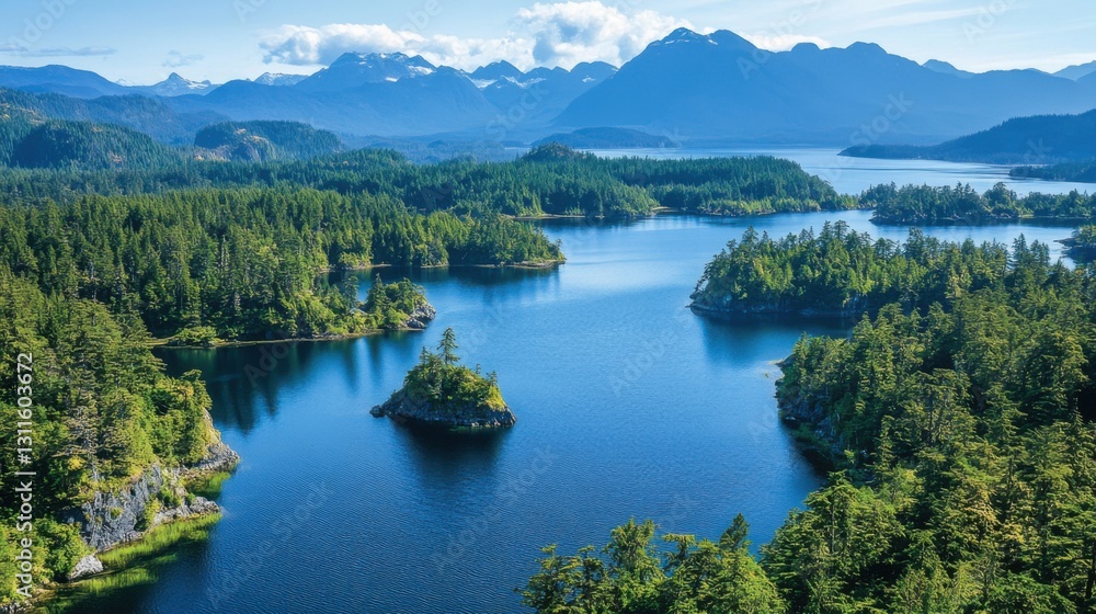 Lake surrounded by green forest and mountains. Scenic aerial view of island nature landscape and blue water. Tranquil summer background. Lake surrounded by green forest and mountains. Scenic aerial view of island nature landscape and blue water. Tranquil summer background.