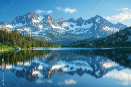 Snow mountains reflect on lake. Trees line the shore. Sky is blue with white clouds. Scenic view of a mountain landscape. Calm water.