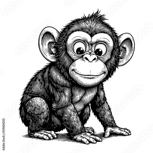 Cute Baby Chimp Sitting Smiling Front View Black and White Detailed Line Art Drawing Illustration