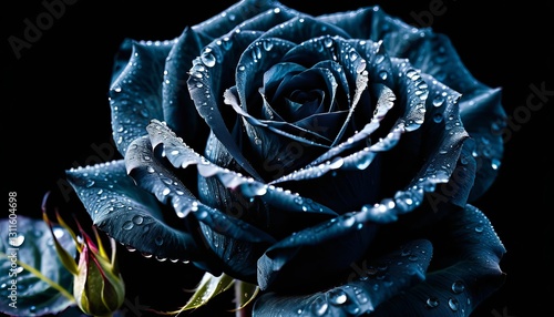 A Midnight Blue Rose, Glistening With Dew, Unfolds Its Velvety Petals In The Dark, A Symbol Of Mystery And Quiet Elegance Against A Stark Black Background