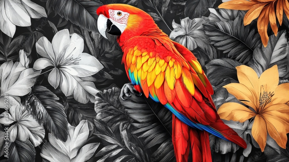 Obraz premium Vividly hued parrot with striking red, yellow, and blue feathers perches before a chic black-and-white floral backdrop. Its head leans left as it gazes rightward