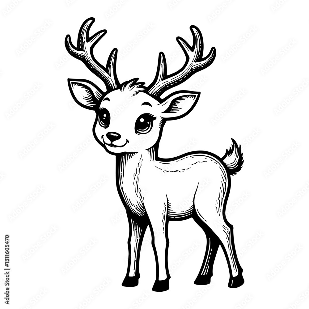 Fototapeta premium Cute Chibi Cartoon Deer with Big Eyes Standing Detailed Black and White Outline Line Art Drawing